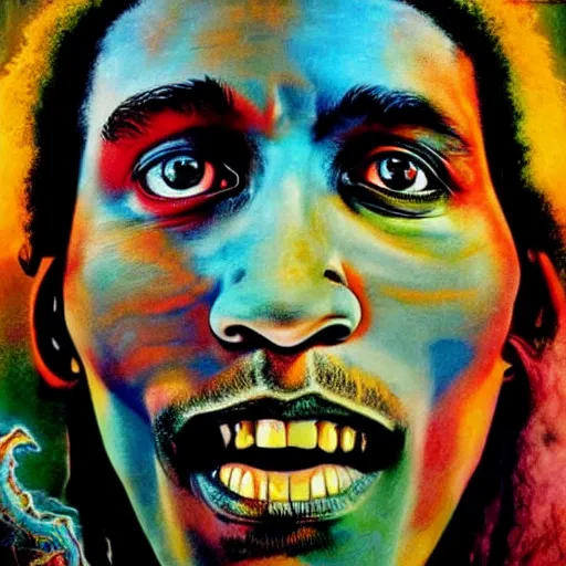 Prompt: colour masterpiece surreal closeup portrait photography bob marley by miho hirano and annie leibovitz and michael cheval, psychedelic smoke background by kilian eng and roger dean and salvador dali and beksinski, 8 k