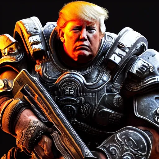 Prompt: Photo portrait of Donald Trump as Spartan in Gears of War, splash art, movie still, detailed face, photorealistic facial features, cinematic lighting, dramatic, octane render, long lens, shallow depth of field, bokeh, anamorphic lens flare, 8k, hyper detailed, 35mm film grain