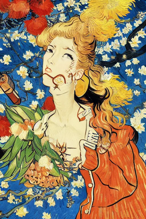 Prompt: beautiful anime goddess dressed as a military officer holding a gun, well - rendered, extra crisp, illustration pattern background with bizarre compositions and blend of flowers, fruits, birds by beto val painted by van gogh