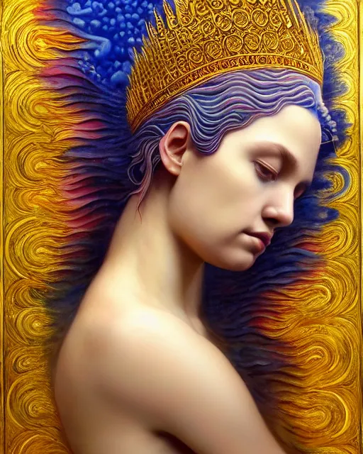 Image similar to portrait of the beautiful young goddess of water, unusual beauty, etheric, outworldly colours, emotionally evoking symbolic metaphors, head in focus, ornamental, intricate, elegant, highly detailed hyperrealistic painting, artstation, concept art, painterly, golden ratio, sharp focus, illustration, art by sarah joncas,