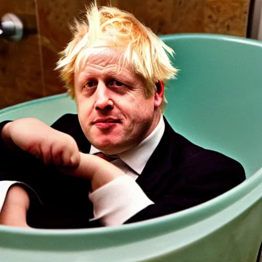 Image similar to Boris Johnson sitting inside a bathtub filled with beans, photograph