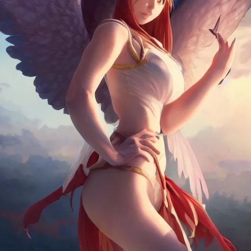 Image similar to an oil painting of a beautiful anime girl with wings, by artgerm and greg rutkowski, hd, hdr, ue 5, ue 6, unreal engine 5, cinematic 4 k wallpaper, 8 k, ultra detailed, high resolution, artstation, award winning