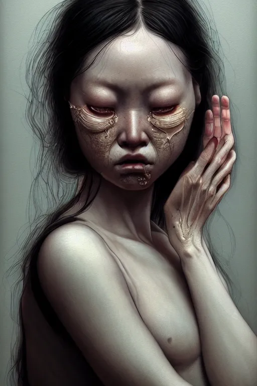 Prompt: hyperrealistic photography of a beautiful crying woman looking at her hands in the style of jin kagetsu, james jean, chris cunninham, hans bellmer and wlop, highly detailed, face symmetry, masterpiece, award - winning, sharp focus, intricate concept art, ambient lighting, 8 k, artstation