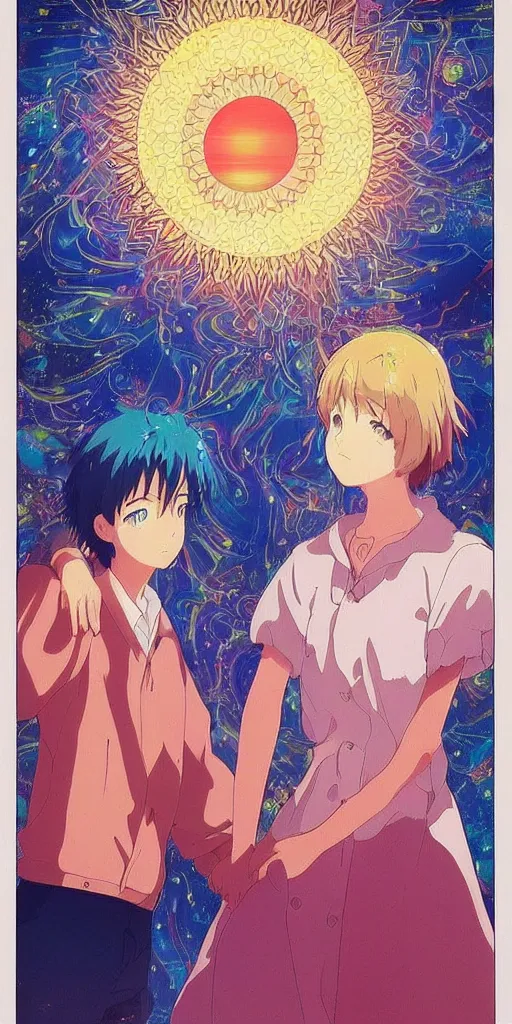 Image similar to a man and a woman holding hands under a beautiful sun drawn like the anime Your Name anime, intricate, psychedelic, tarot card