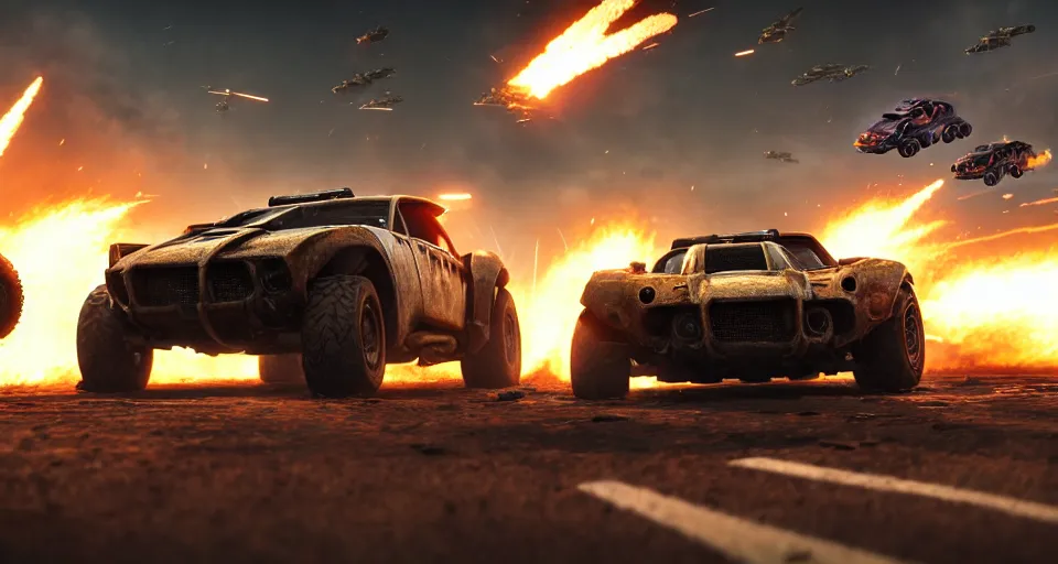 Image similar to macro closeup photo of halo warthogs being chased in a post apocalyptic city, 3 pm, smoke, dust, embers, mad max, action, speed, rocket league, volumetric lighting, hdr, need for speed, gta 5, ridley scott, syd mead, craig mullins, cinematic, octane