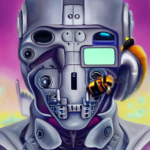 Image similar to a realistic oil painting of a bee as a cybernetic cyborg, surrealism portrait, surrealism album cover