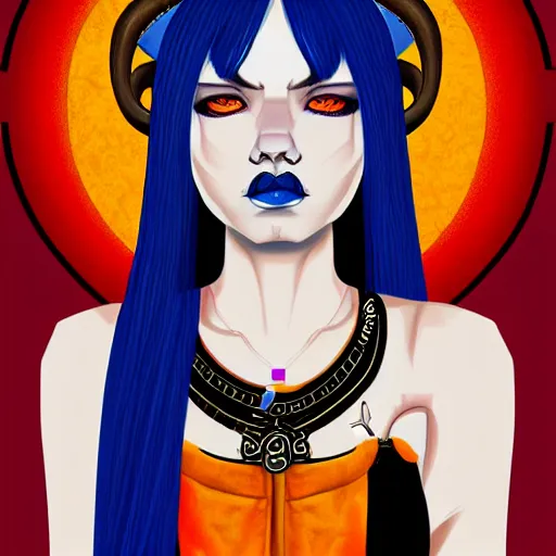 Image similar to illustrated portrait of ram-horned devil woman with blue bob hairstyle and hex #FFA500 colored skin tone and with solid black eyes wearing leather by rossdraws