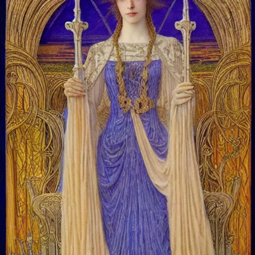 Image similar to beautiful young medieval queen by jean delville, art nouveau, symbolist, visionary, gothic