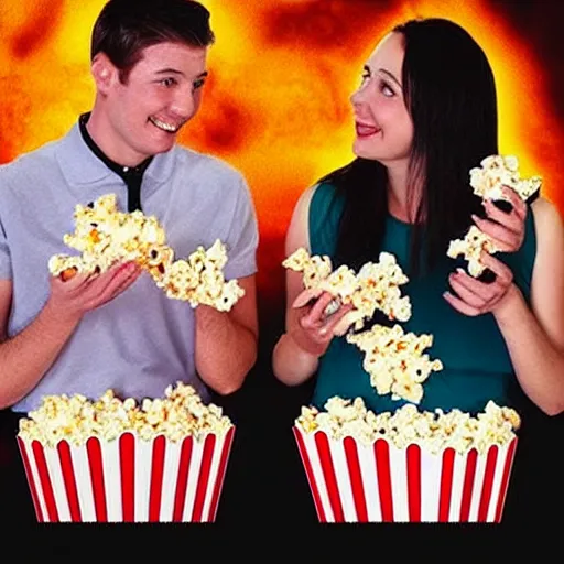 Image similar to hyper realistic, two headed human eating popcorn at the cinema