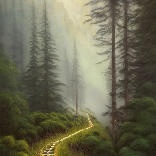 Prompt: a person holding a guide rod on a winding trail through mist. many paths can be seen on the mountain side, but none seem to connect. mist covers most of the scene | painting by james gurney | mystical and lost | iron rod | trending on artstation