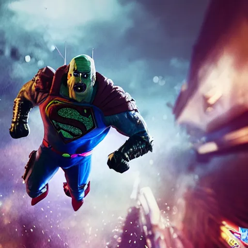 Image similar to pickle rick as superman! flying in ( gears of war ), splash art, movie still, detailed face, photo realistic facial features, cinematic lighting, dramatic, octane render, long lens, shallow depth of field, bokeh, anamorphic lens flare, ( 8 k ), hyper detailed, 3 5 mm film grain