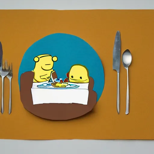 Image similar to Finn and Jake having dinner, layered paper style