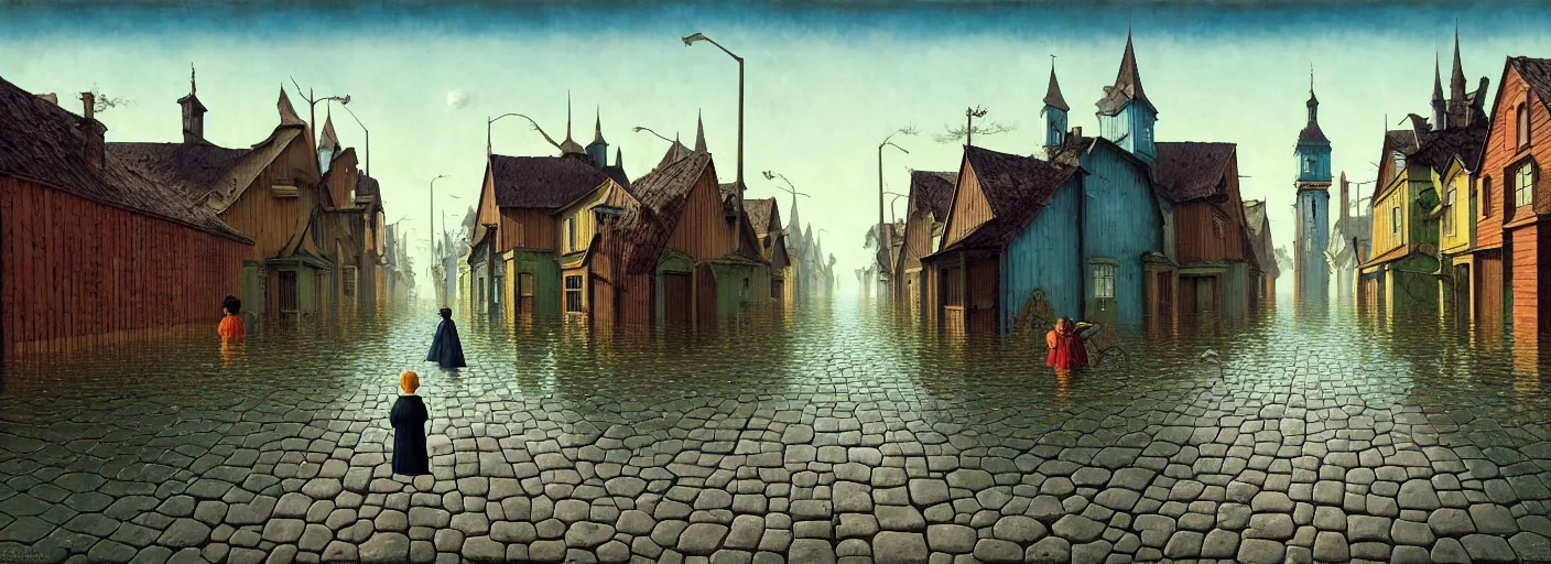 Image similar to flooded! old wooden empty cursed city street, very coherent and colorful high contrast masterpiece by gediminas pranckevicius rene magritte norman rockwell franz sedlacek, full - length view, dark shadows, sunny day, hard lighting, reference sheet white background