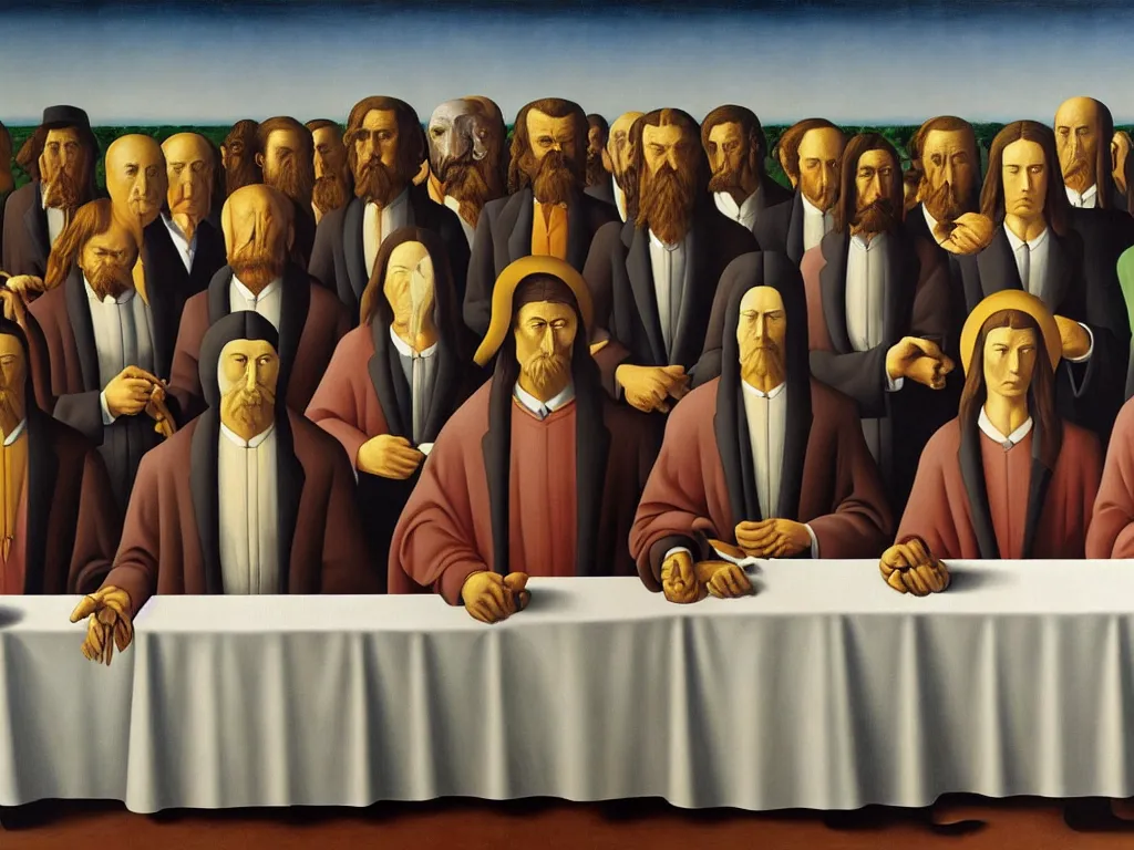 Prompt: crowded last supper painting magritte, renaissance, american gothic, detailed faces