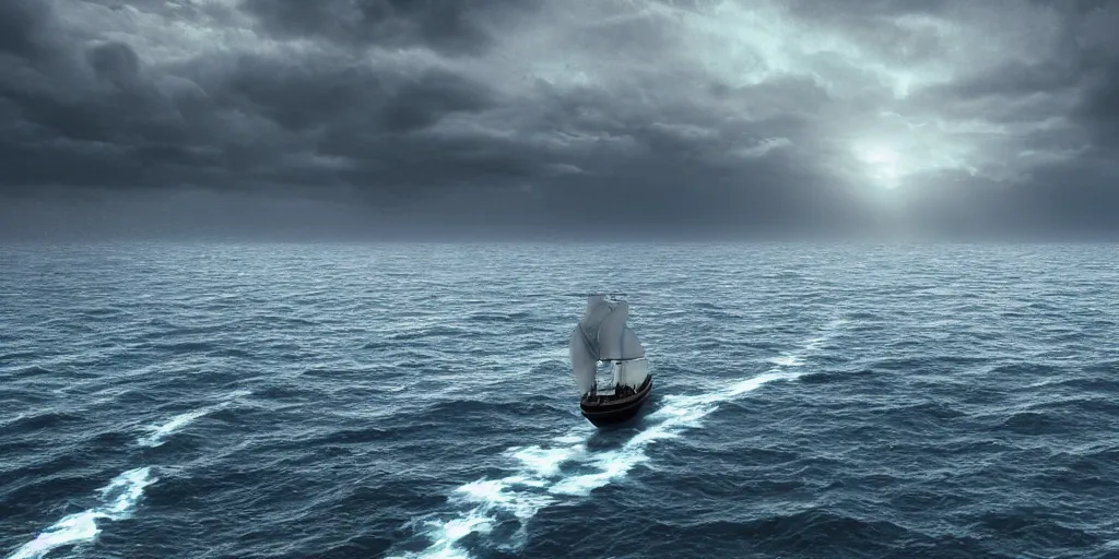 Prompt: a ship at sea and an empty sea, fantasy, hyper realistic, dramatic lighting, 8k