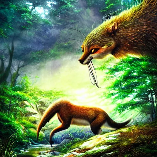 Image similar to animal life in the forest, river stream, predators and prey, vivid colors, realistic photo, environmental lighting, award - winning masterpiece photograph, cinematic view, studio ghibli, artgerm, high detail