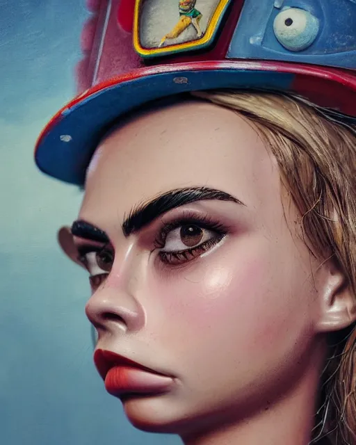 Image similar to closeup face profile portrait of cara delevingne as a tin toy soviet chernobyl space rabbit, bikini, depth of field, zeiss lens, detailed and intricate environment, fashion photoshoot by nicoletta ceccoli, mark ryden, lostfish, breathtaking, 8 k resolution, artistic, hyperrealistic, octane render