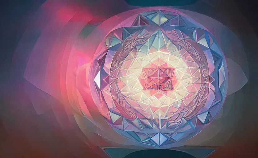 Prompt: a painting of a sacred geometry trending on artstation in the style of greg rutkowski, 3 d, fractal, 4 d, endless, rainbow, geometric tesseract, symmetry, wallpaper, sacred, 5 d