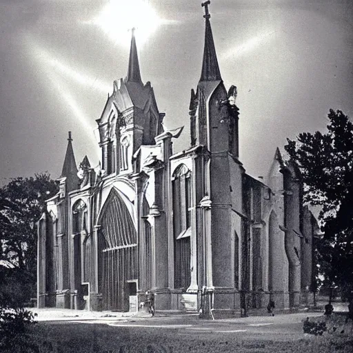 Image similar to an early photograph of a steampunk cathedral with god rays from the 19th century