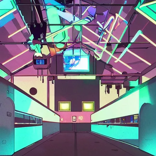 Prompt: low light museum, sparse room, black walls, dark lighting, oled lights in corners, soft neon lights, dark showroom, cel - shading, 2 0 0 1 anime, flcl, jet set radio future, the world ends with you, kid a, cel - shaded, strong shadows, vivid hues, y 2 k aesthetic, art by artgerm