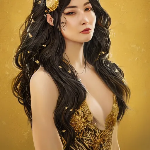 Image similar to A portrait of an attractive young female, beautiful long flowered hair, wearing a dress of black golden feathers, intricate, highly detailed, elegant, digital painting, trending on artstation