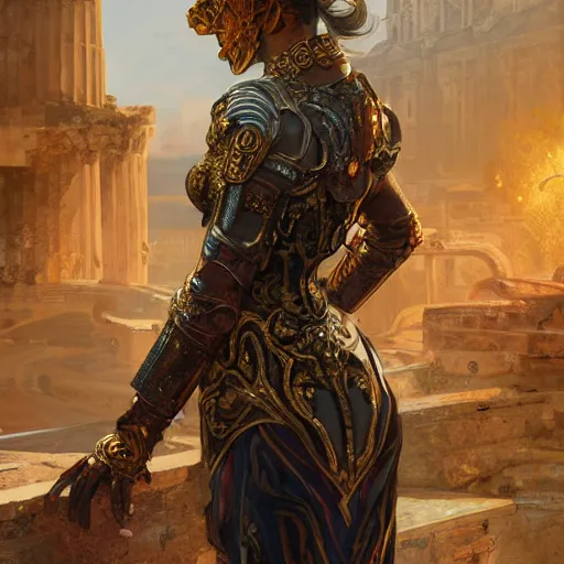 Prompt: portrait knights of Zodiac girl, metallic black and reddish color reflected armor, in ruined Agora of Athens, ssci-fi, fantasy, intricate, very very beautiful, elegant, golden light, highly detailed, digital painting, artstation, concept art, smooth, sharp focus, illustration, art by tian zi and WLOP and alphonse mucha