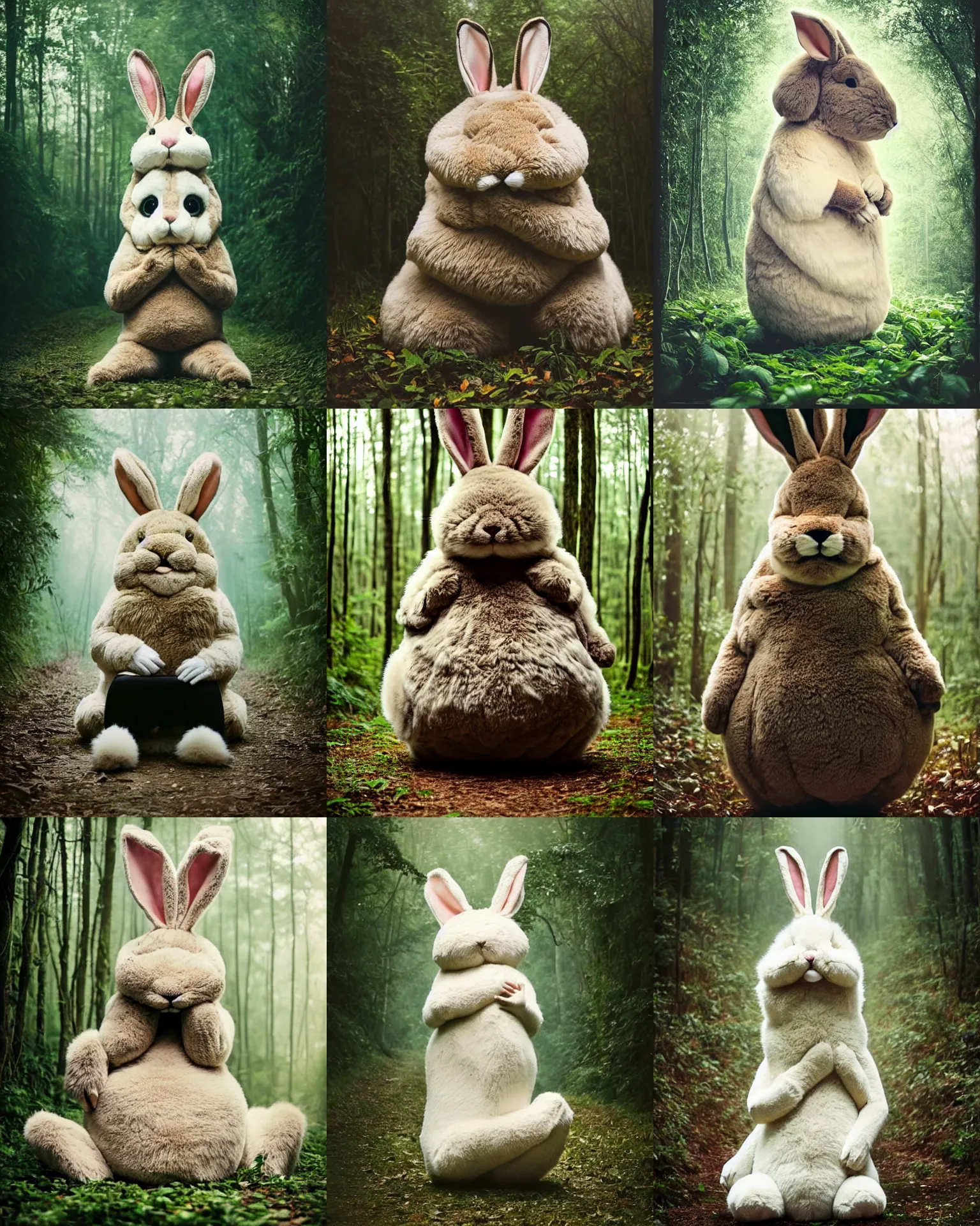 Prompt: begging pose !! giant oversized furry rabbit obese loser !! with big head and big ears , sits on a jungle forest head down , full fur body , Cinematic focus, Polaroid photo, vintage , neutral dull colors, soft lights, foggy , backlight weather, by oleg oprisco , by victor enrich