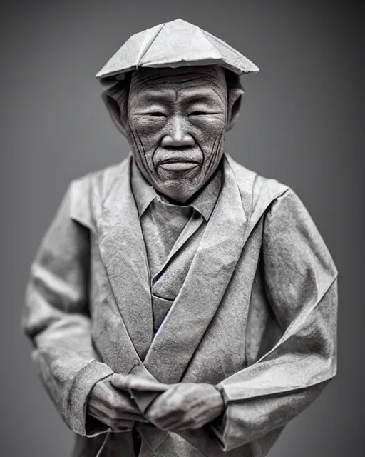 Image similar to an origami wrinkled old fisherman akira yoshizawa, realistic, very detailed, complex, intricate, studio lighting, bokeh, sigma 5 0 mm f 1. 4