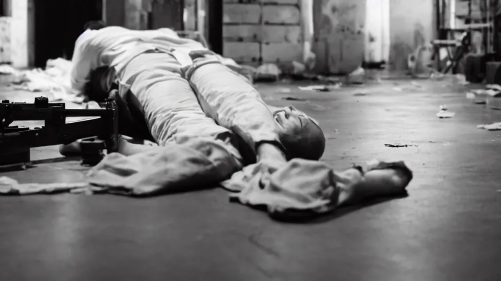 Image similar to film still of a wounded man in a white shirt laying in a warehouse next to a gun on the ground. moody, grainy, 4 k, high detail, aesthetic, good composition, anatomically correct, directed by quentin tarantino,