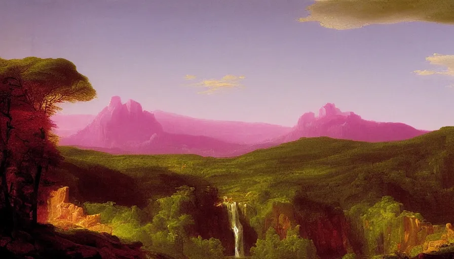 Image similar to pink american landscape, painted by thomas cole