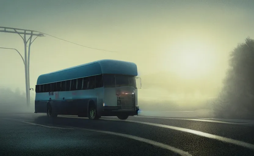 Prompt: exterior traveling greyhound bus circa 2 0 1 5, directed by charlie kaufman ( 2 0 0 1 ) anamorphic lenses, foggy volumetric light morning, cinematic trending on artstation in the style of greg rutkowski