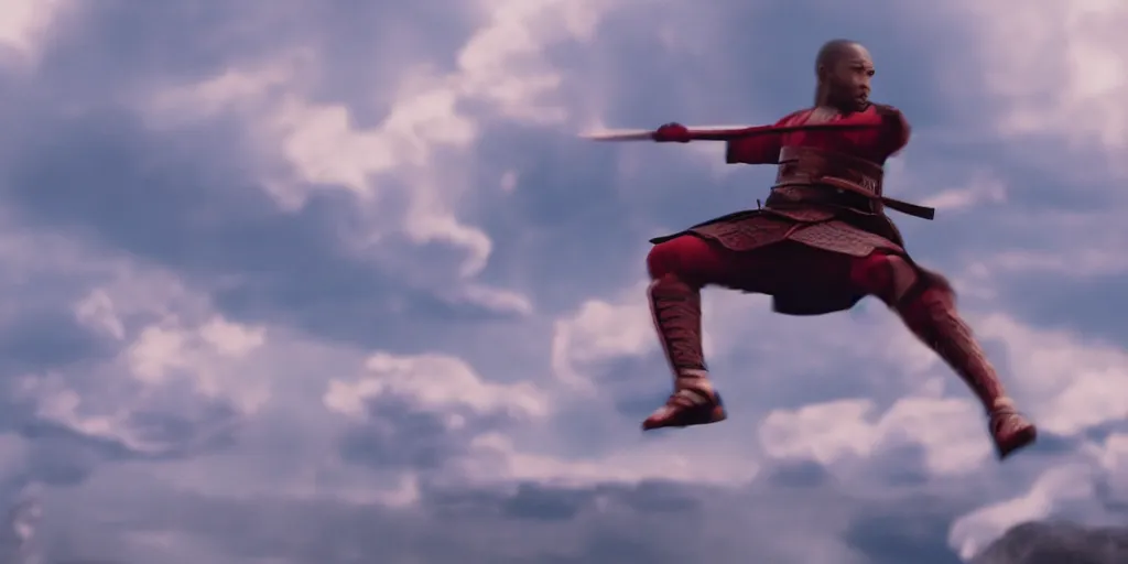 Image similar to a film still of a light skinned black man starring as an ancient samurai flying doing a flying kick, japanese blockbuster film, the sky is red, shallow depth of field, cinematic, award winning cgi, vfx, film still