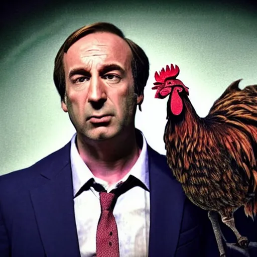 Image similar to saul goodman and a rooster in a medieval torture chamber, saw blades and knives in the background, horror movie, saul goodman!!!!, rooster!!!!, real life photo, detailed face!