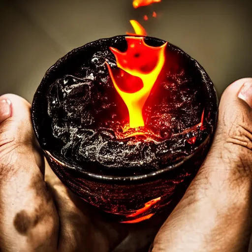 Prompt: You holding lava in cup, POV, hyperrealistic, detalied, high quality, photorealistic, photography, HD,