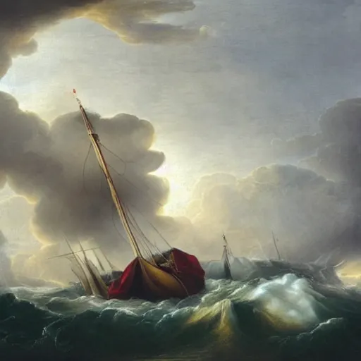 Image similar to a royal vessel in stormy seas and lightning
