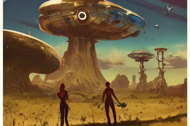 Image similar to 5 0 s pulp scifi illustration, woman holding retro ray gun stands beside tall martian creature, beautiful landscape, plain stretching into distance, pond, baobab trees, painted by bergey, craig mullins, ruan jia, raymond swanland, jeremy mann, beksinski, jack kirby, tom lovell, alex malveda, schomburg