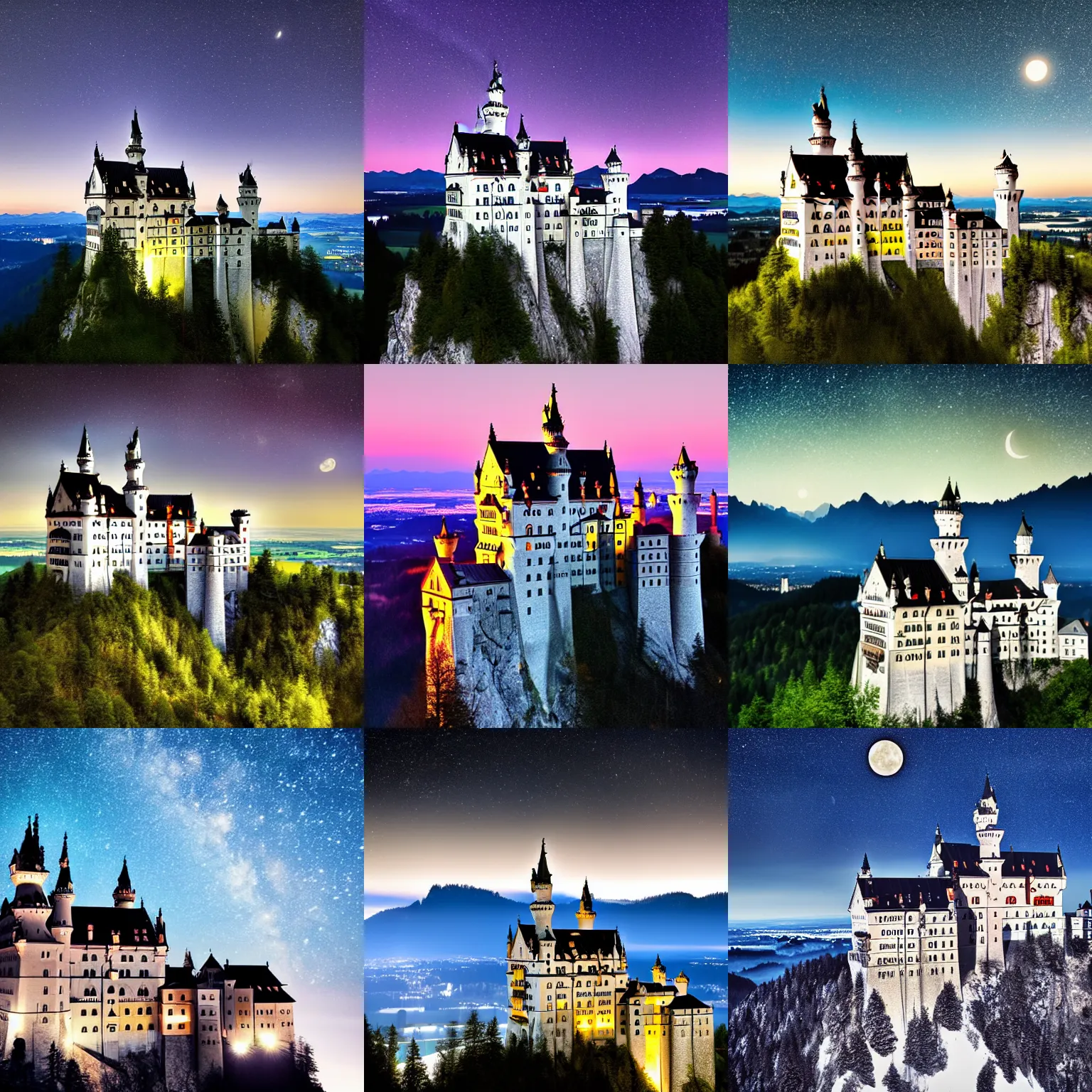 Prompt: a night photo of neuschwanstein castle at night, moonlit, stars, partly cloudy, dslr