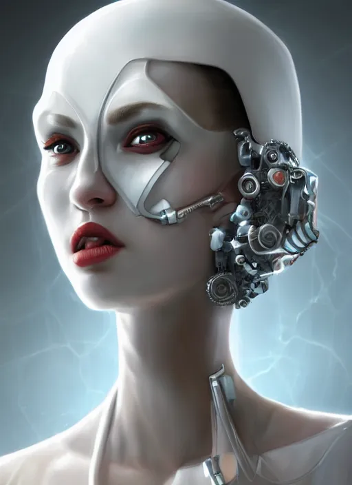 Prompt: a white cast futuristic biomechanical humanoid evil nurse with pretty face, porcelain skin, ornate headpiece, futuristic digital painting, cyberpunk, 8 k,