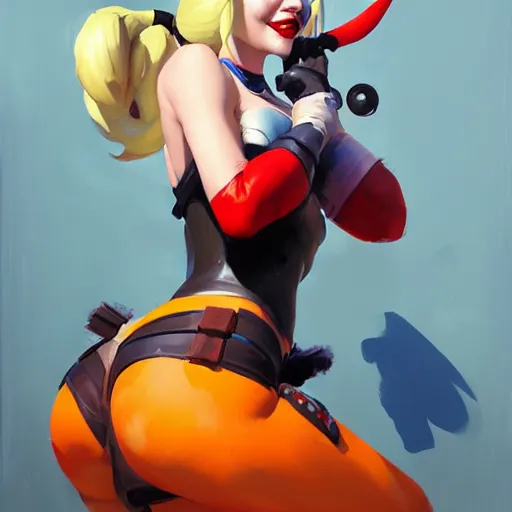 Image similar to Greg Manchess portrait painting of Harley Quinn as Overwatch character, medium shot, asymmetrical, profile picture, Organic Painting, sunny day, Matte Painting, bold shapes, hard edges, street art, trending on artstation, by Huang Guangjian and Gil Elvgren and Sachin Teng