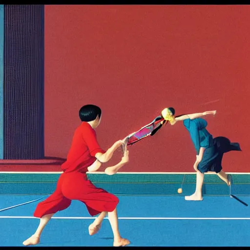 Image similar to a colorful illustration of men playing badminton, by kawase hasui, Edward Hopper and James Gilleard, Zdzislaw Beksinski, Steven Outram colorful flat surreal design, hd, 8k, artstation