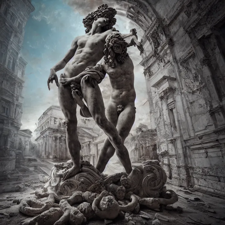 Prompt: surreal greek statue covered with graffiti, surreal abandoned buildings, dream-like heavy atmosphere, baroque painting, beautiful detailed intricate insanely detailed octane render trending on Artstation, 8K artistic photography, photorealistic, volumetric cinematic light, chiaroscuro, Raphael, Caravaggio, Beksinski, Giger