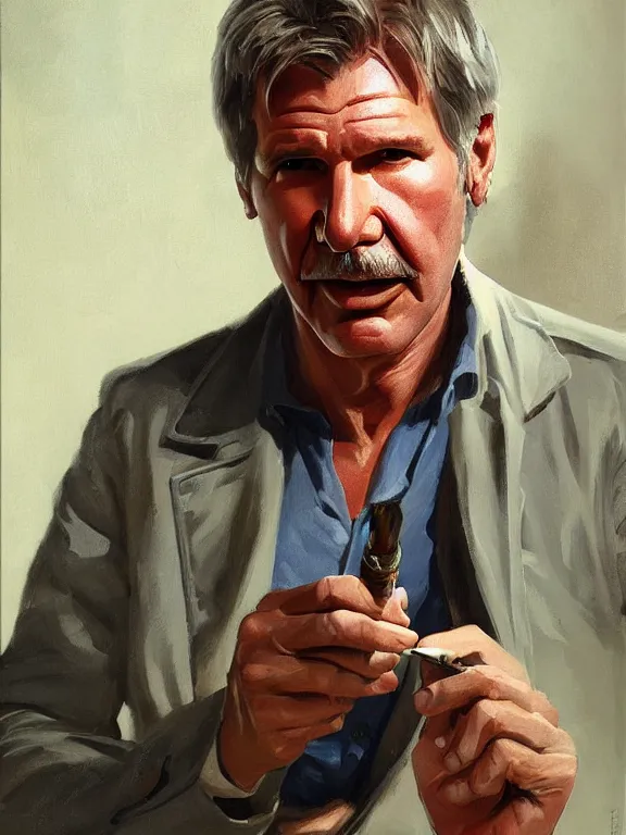 Prompt: portrait of harrison ford smoking a joint, in a style blend of whelan and leyendecker and rockwell, oil painting, volumetric lighting, intricate details