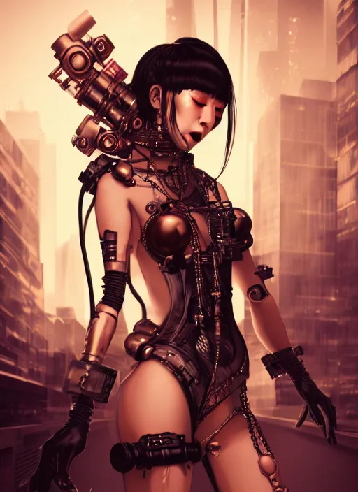 Image similar to soft lustrous ebony geisha seductive raver gutter punk steampunk cyborg, yakuza, golden ratio, details, scifi, fantasy, cyberpunk city, intricate, decadent, highly detailed, octane render, digital painting, artstation, concept art, sharp focus, illustration, art by artgerm, loish, wlop
