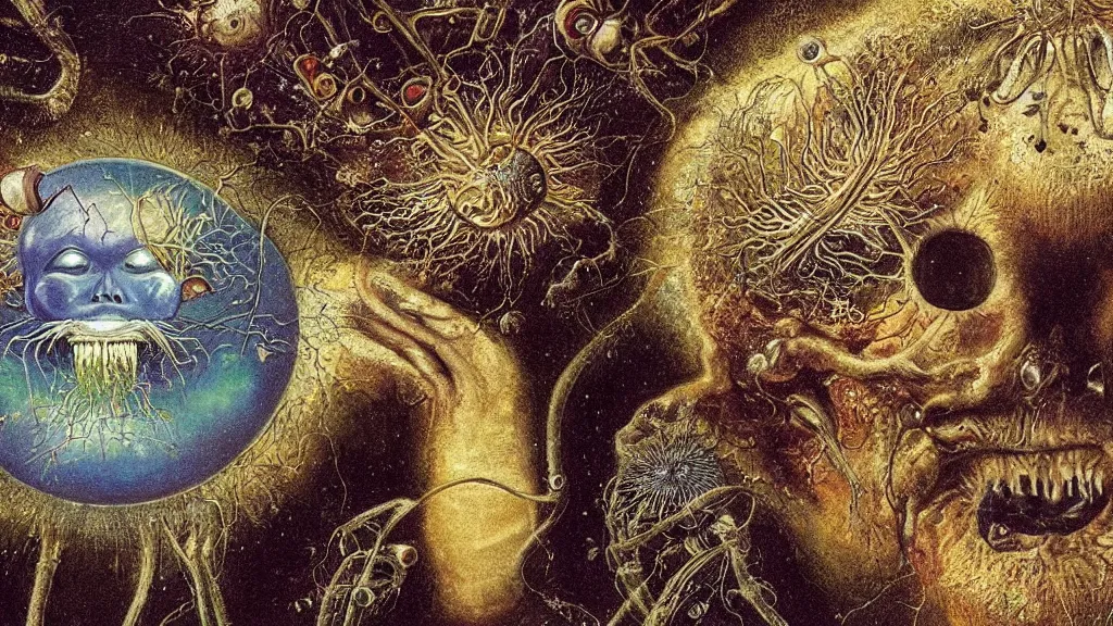 Image similar to a beautiful dreamy painting of a coronavirus inside a high-resolution television screen, smiling alien, face, dark, sinister, detailed, art by Ernst Haeckel and Matt Lombardi