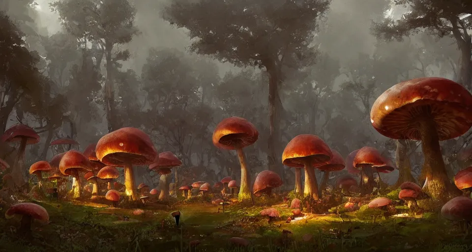 Prompt: A tribal village in a forest of giant mushrooms, by Greg Rutkowski