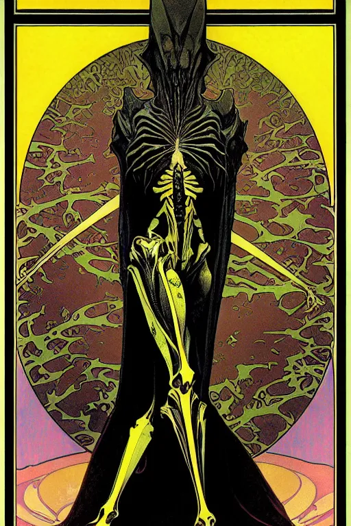 Image similar to black and yellow technicolor color risoprint, alphonse mucha, richard corben, wayne barlowe, moebius, heavy metal comic cover art, psychedelic triangular skeletal calcification fungus lich in darkiron spike armor, full body, hollow eyes, symmetrical face, long black crown, in a dungeon background, moody dark colors