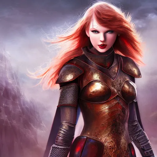 Prompt: the picture of taylor swift with red hair in a knight armor, epic fantasy art, mystical, mystic atmosphere, mythology, photo realistic, high detail, ultra realistic, hyper realistic, high definiton, 4 k uhd,