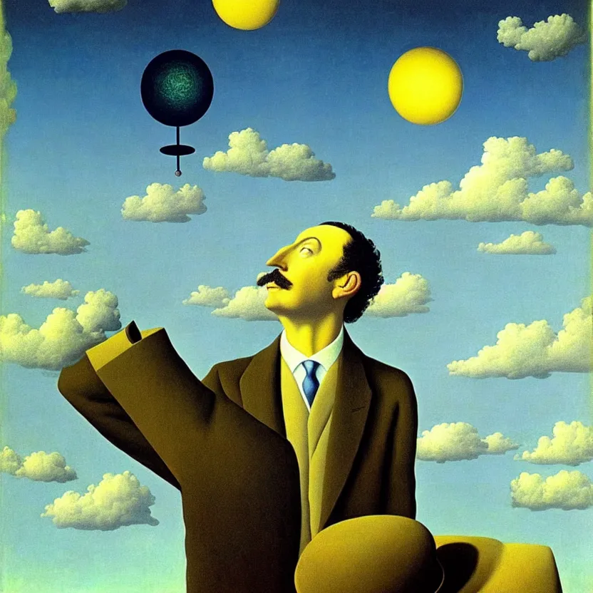 Prompt: painting of a scientist looking up in the dreamy sky, highly detailed, sharp focus, surreal, dreamlike, by rene magritte and salvador dali