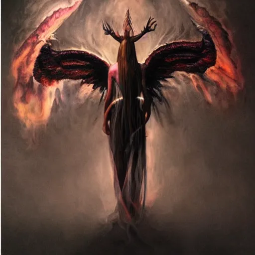 Image similar to a demon with huge nacreous fire wings, realistic horrors, cosmic dark vibes evil incarnate, photo pic by hyperrealism