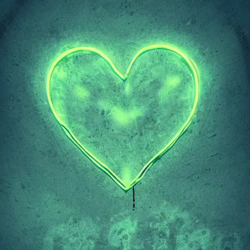 Prompt: A concrete heart marked with neon love is suspended over stilled waters in an abysmal dark void, realistic, artstation, moody, algae in the gloom, shattered hope sinking